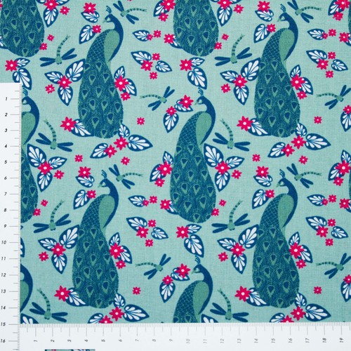 Pfau auf seegrün mit blüten - auf,